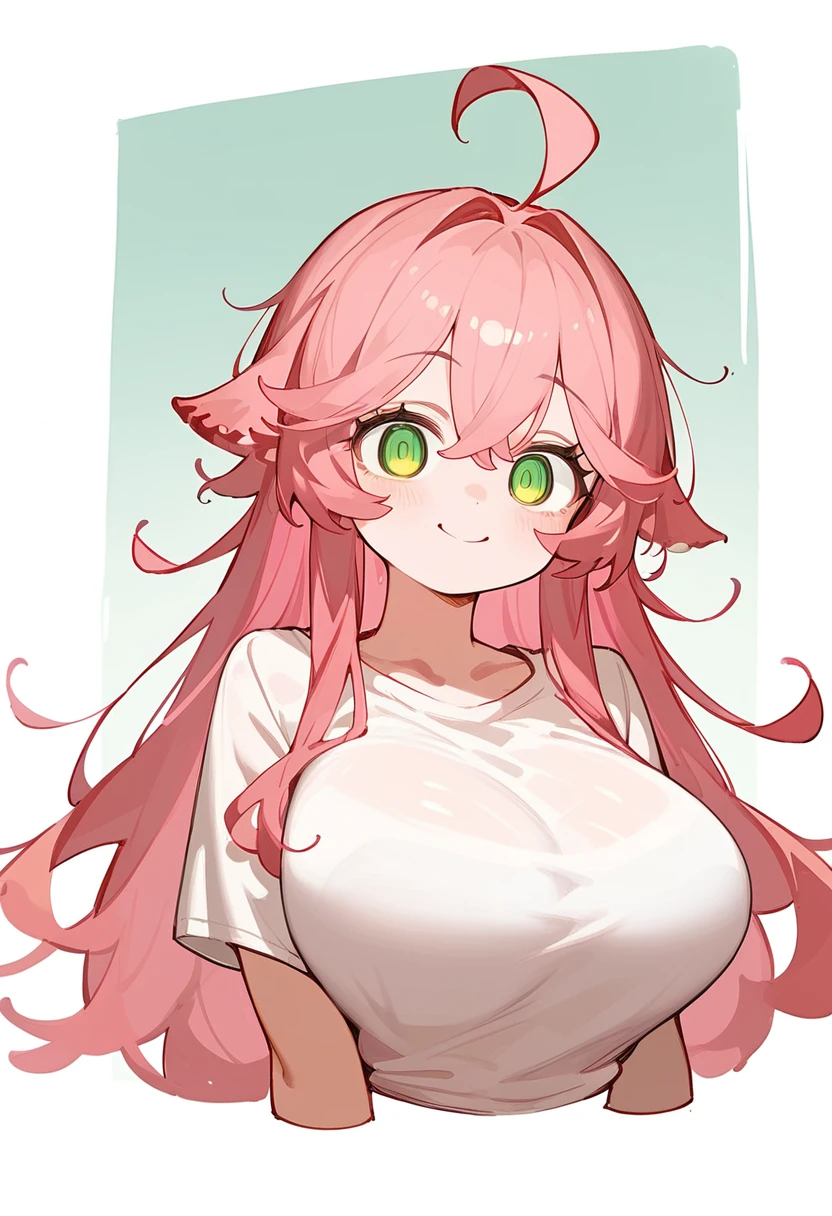 One Girl、Young Girl、Big Breasts、Pink Hair、Long Hair、Straight Hair、Ahoge、kind、Green Eyes、smile、Droopy eyes