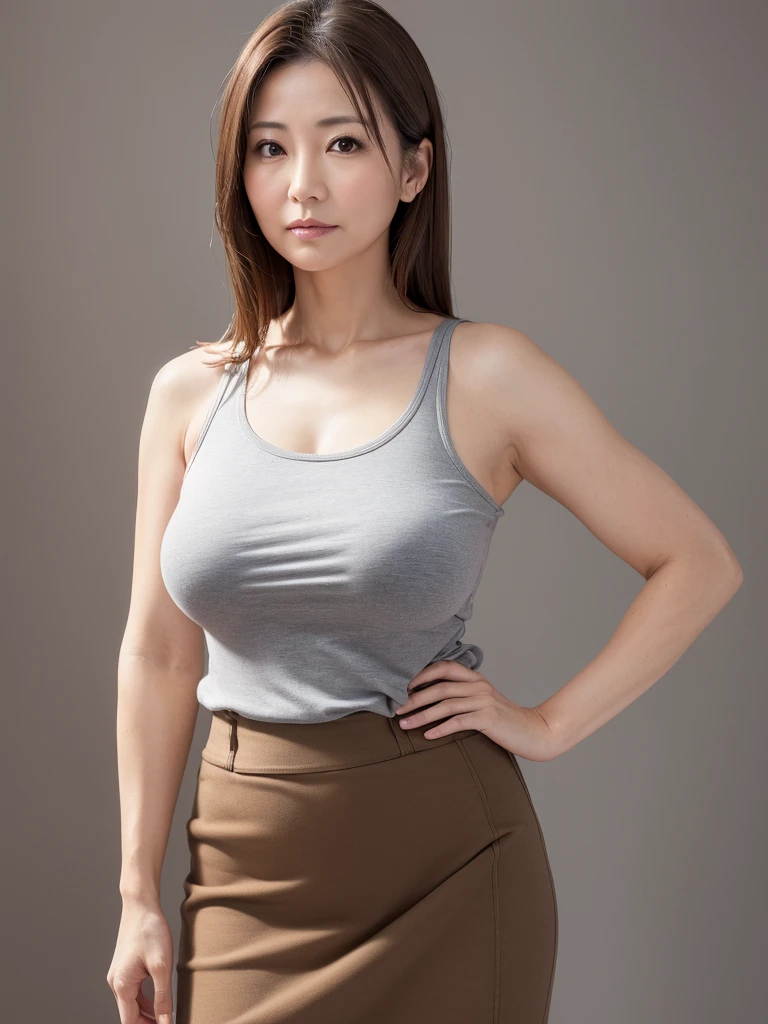 ((High resolution, high resolution, High detail, masterpiece)), Rough skin, Anatomically correct, sharp, Gray background ((Japanese Mature, 45 years old)), alone, Shapely large breasts, Straight light brown hair that reaches the shoulders, Chubby body type, (((Stand upright, from the front)),T-Shirts, skirt,