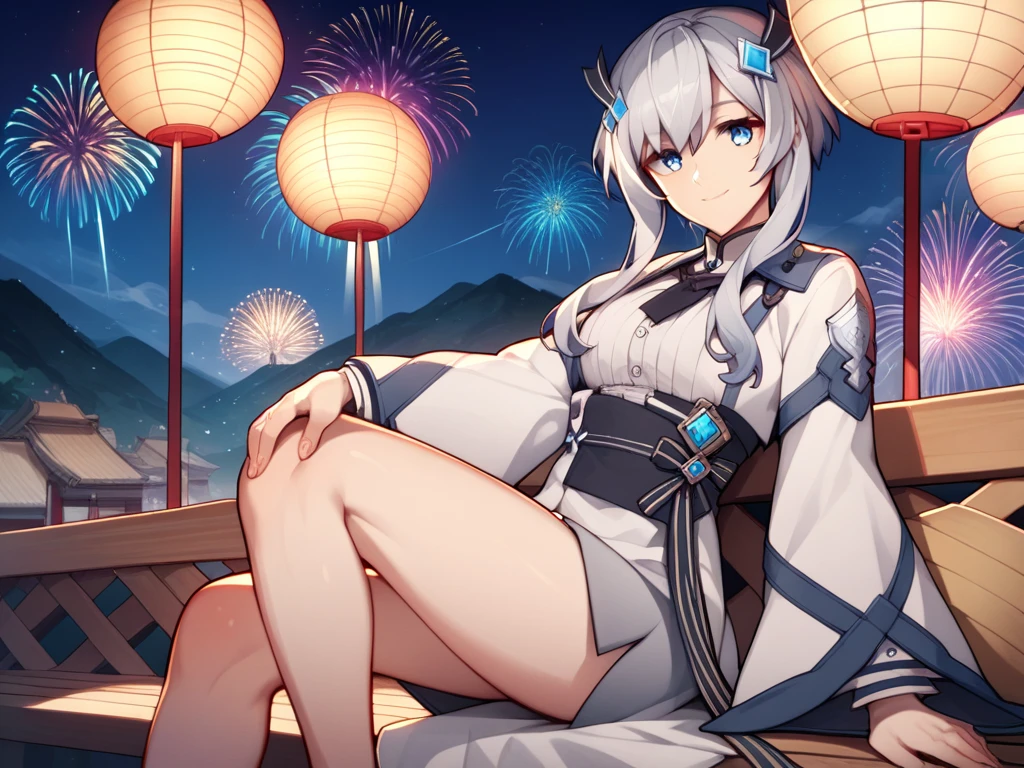 MishaNecron, short hair with long locks, solo, White kimono with floral pattern, gray hair, gray thighs, hair ornament, faint smile, blue eyes, long sleeves, score_9, score_8_up, score_7_up, score_6_up, source_anime, fantasy, fireworks festival background,