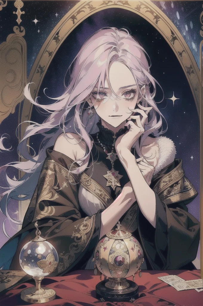 (masterpiece, top quality, best quality, official art, beautiful and aesthetic:1.2), (1girl:1.3), wavy long hair, light purple hair, extremely detailed, portrait, looking at viewer, solo, (full body:0.6), detailed background, close up, glowing eyes, (cold arctic winter theme:1.1), fortune teller, charlatan, smirk, mysterious, sitting at table, colorful shoulderless loose gypsy fortune teller clothes,      chalice,   tarot cards, crystal ball,  medieval (tent interior:1.1) background, tent curtains in background, dark mysterious lighting, shadows, magical atmosphere, starry night,, dutch angle