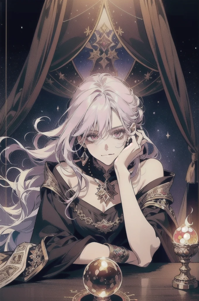 (masterpiece, top quality, best quality, official art, beautiful and aesthetic:1.2), (1girl:1.3), wavy long hair, light purple hair, extremely detailed, portrait, looking at viewer, solo, (full body:0.6), detailed background, close up, glowing eyes, (cold arctic winter theme:1.1), fortune teller, charlatan, smirk, mysterious, sitting at table, colorful shoulderless loose gypsy fortune teller clothes, chalice, tarot cards, crystal ball, medieval (tent interior:1.1) background, tent curtains in background, dark mysterious lighting, shadows, magical atmosphere, starry night,, dutch angle