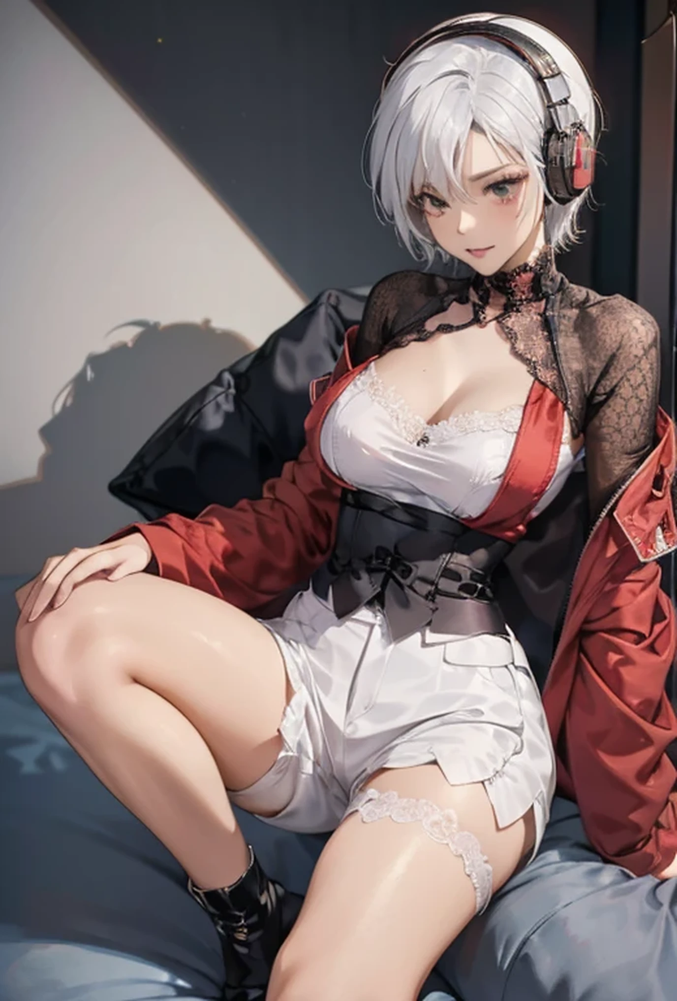 short hair、Gothic ta in Japan、hot pants、Perforated Lace Knee Socks、Headphones、Grasp the sword、White hair red mesh、Black boots、Flower Hair Ornaments