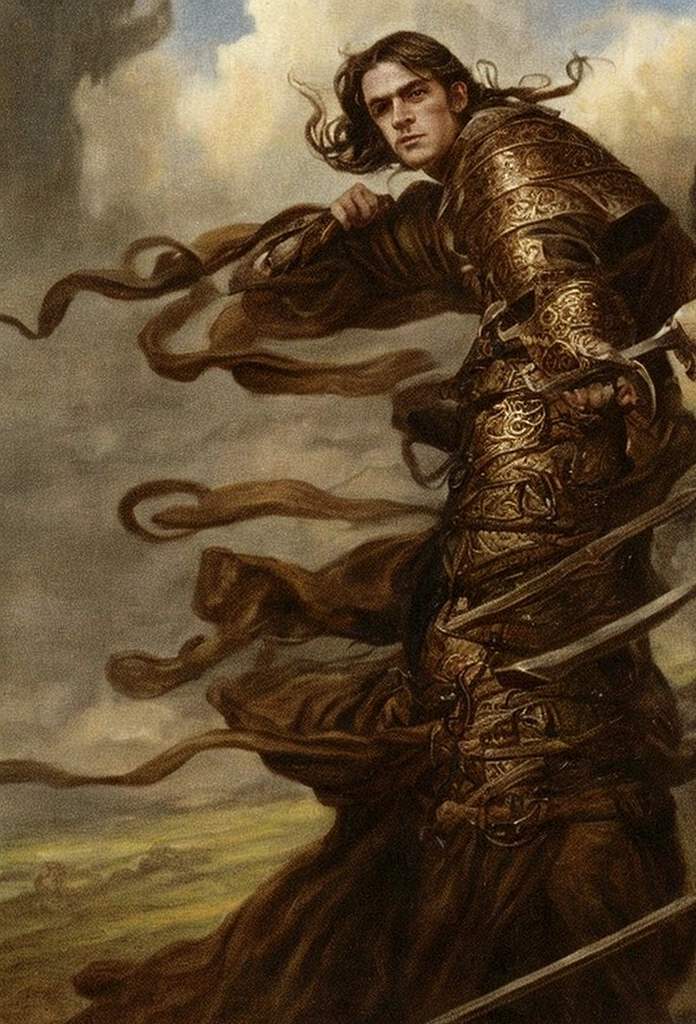 painting, elden ring, portrait art, young man in robe, scholar, brown hair with waist-length braid, no beard, in battle, medieval era fantasy
