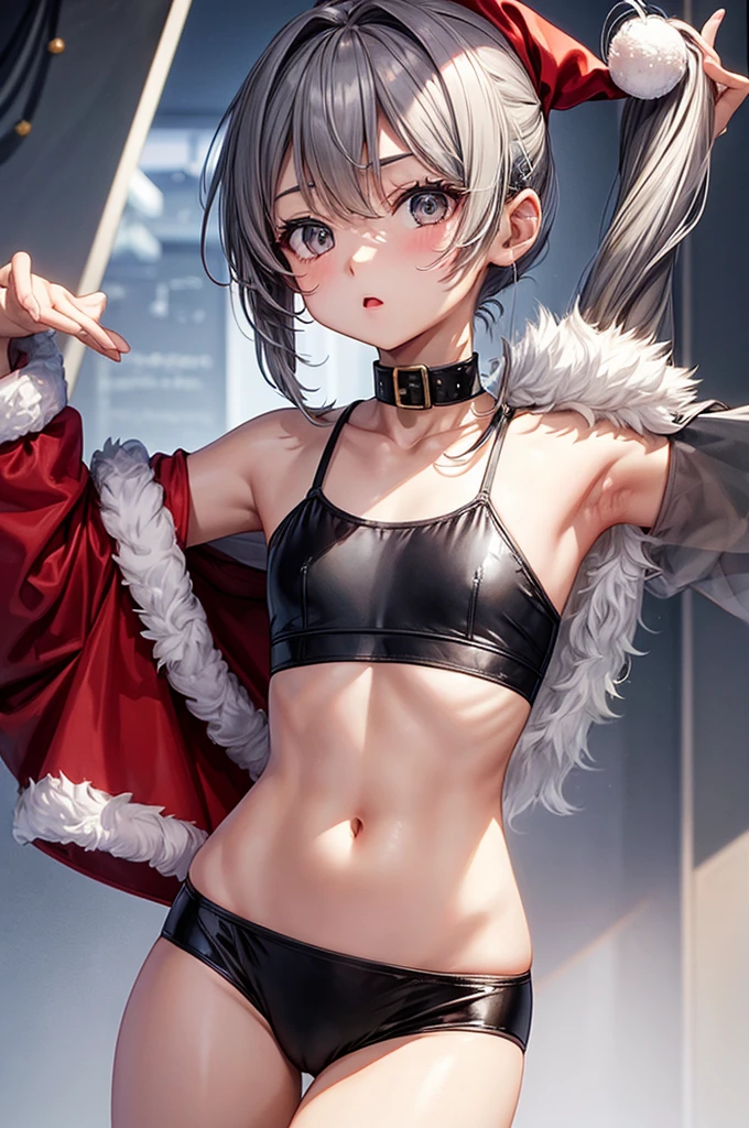 、Flat Chest、Gray Hair、Short Ponytail、Raise your arms、Santa Cosplay、Shoulder、Black underwear、