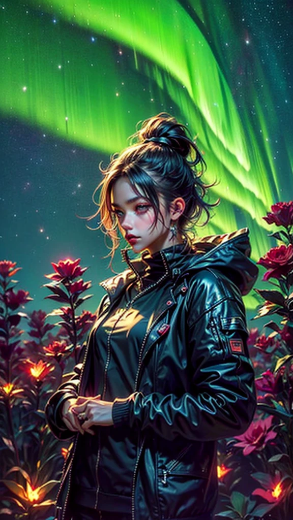 A luminescent garden, with glowing flowers, luminescent trees, luminescent flies, northern lights sky, CG motor unity 32k, hyper detailed 32k, masterpiece, dark details, original,