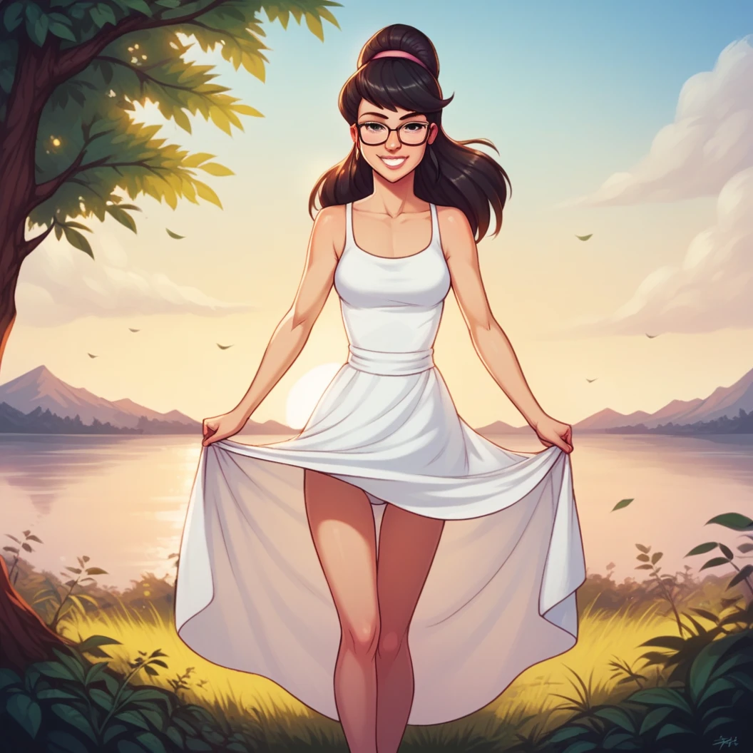 score_9, score_8_up, score_7_up, score_6_up, score_5_up, score_4_up, (Source furry), (rating safe), outside, standing, glasses, callie briggs,, detailed, detailed fur, front view, white panties, white sleeveless dress, long dress, 1girl, solo, lifting up dress, pantyflash, smile flirty, showing bare legs