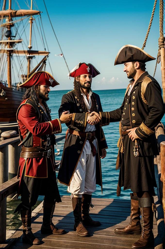 Three pirates shaking hands on a pier with their pirate ship behind
