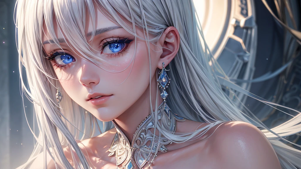 a beautiful blue-eyed white-haired woman, detailed portrait, extremely detailed face and eyes, beautiful detailed lips, longeyelashes, highly detailed, realistic, photorealistic, 8k, masterpiece, digital art, intricate detail, cinematic lighting, dramatic lighting, chiaroscuro, elegant, serene, peaceful, tranquil, sensual, alluring, captivating, ethereal, graceful, elegant, beautiful, stunning, gorgeous, exquisite