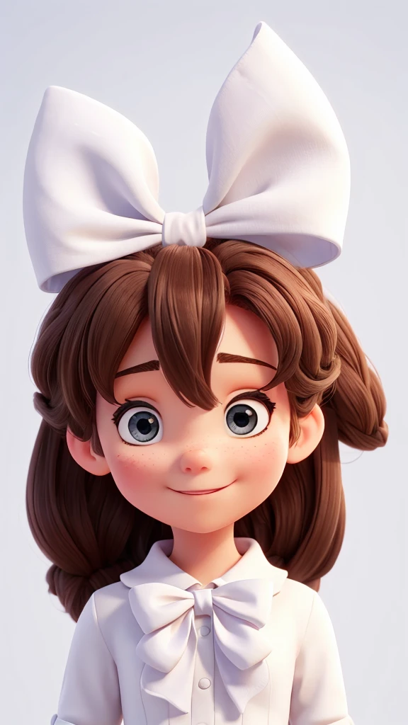 with a bow in her hair on a white background