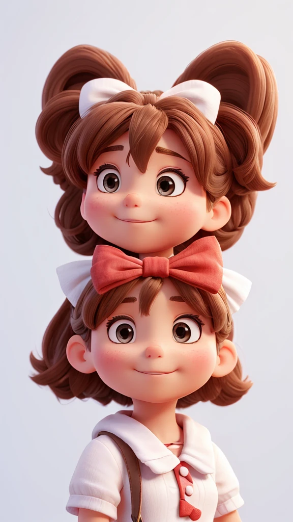 with a bow in her hair on a white background
