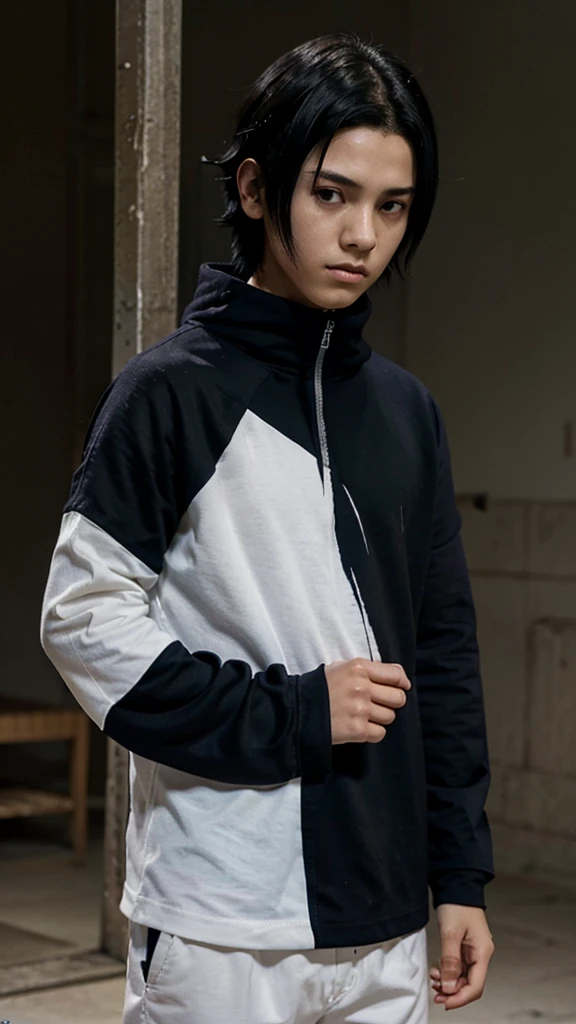 young boy, ************, black hair, dark blue high-neck loose clothing, white ; like  Sasuke Uchiha from naruto https://animecomics.com.br/animecomics/images/upload/409.jpg
