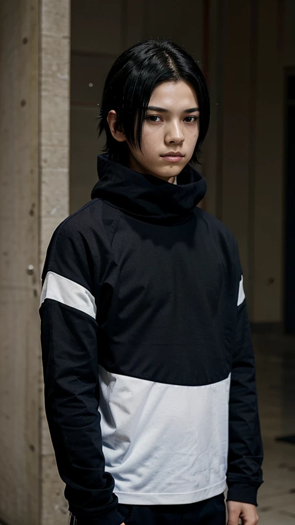 young boy, , black hair, dark blue high-neck loose clothing, white ; like  Sasuke Uchiha from naruto https://animecomics.com.br/animecomics/images/upload/409.jpg
