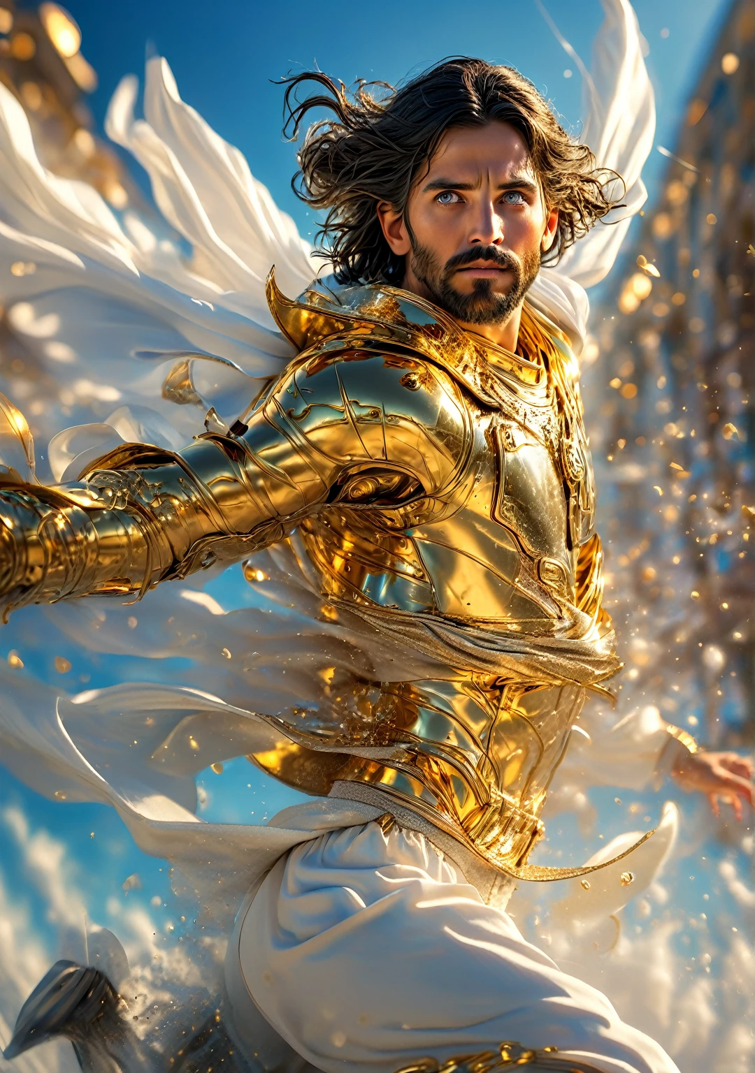 Photography of Jesus Christ, ((best qualityer, 8K, Masterpiece artwork: 1.2)), Ultra-realistic graphics, color photography, sharp focus, sky background and colors, gold plated, fully body, pious look, Highly detailed facial and skin texture, detailedeyes, direct eye contact, Super-resolution, Megapixels, ProFoto RGB, ultra HD, angelic background, coberto de ouro