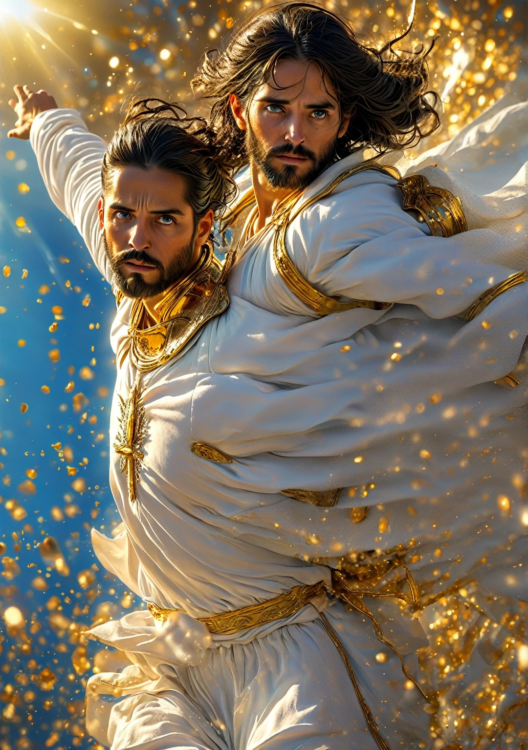 Photography of Jesus Christ, ((best qualityer, 8K, Masterpiece artwork: 1.2)), Ultra-realistic graphics, color photography, sharp focus, sky background and colors, gold plated, fully body, pious look, Highly detailed facial and skin texture, detailedeyes, direct eye contact, Super-resolution, Megapixels, ProFoto RGB, ultra HD, angelic background, coberto de ouro