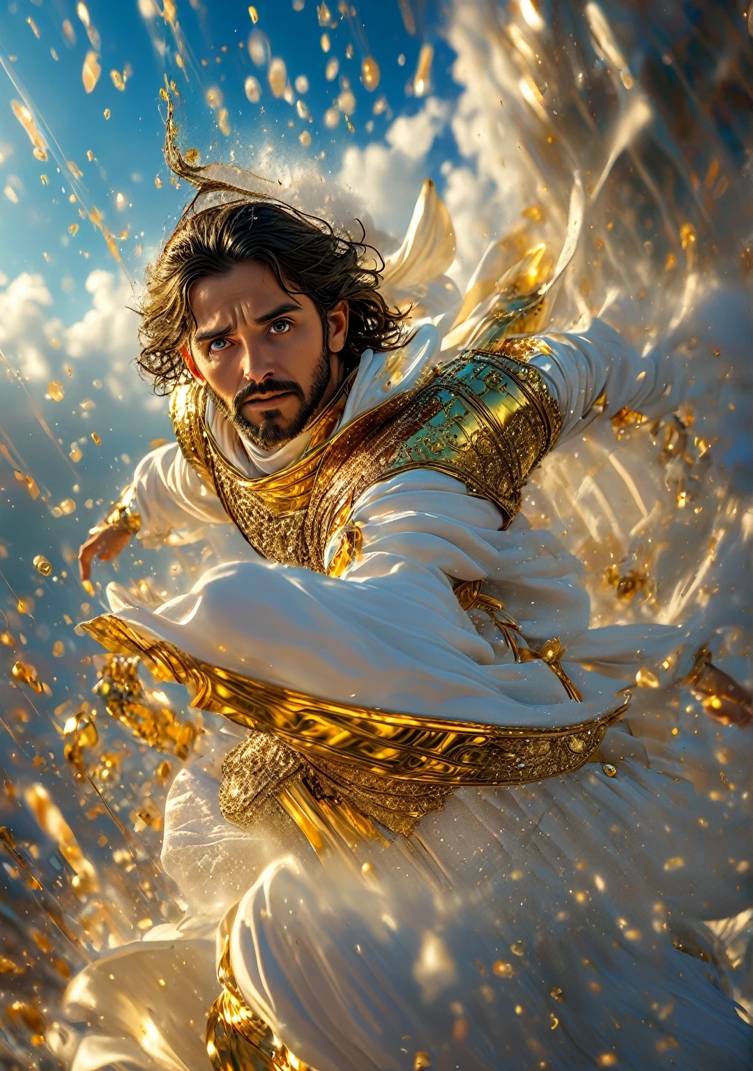 Photography of Jesus Christ, ((best qualityer, 8K, Masterpiece artwork: 1.2)), Ultra-realistic graphics, color photography, sharp focus, sky background and colors, gold plated, fully body, pious look, Highly detailed facial and skin texture, detailedeyes, direct eye contact, Super-resolution, Megapixels, ProFoto RGB, ultra HD, angelic background, coberto de ouro