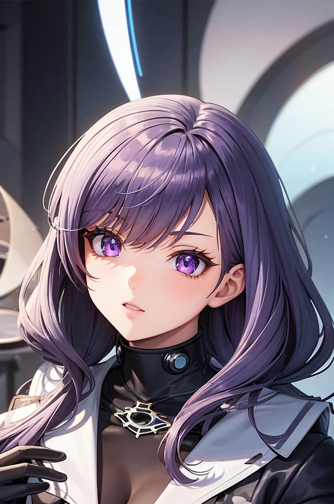 1girl in, Solo,1girl in, Purple hair, Anime girl with purple hair and purple eyes isolated on black background、Magenta hair，poneyTail,Highly detailed CG Unity 8k wallpaper, [3D images:1.15],Attractive eyes、[[A detailed eye、Colorful eyes、radiant eyes:1.15]]Pink hair、 masutepiece, Best Quality, Unity 8k壁纸, Illustration, Ultra-detailed, full-face blush, Indoors, Dark, Night, Shadow, Indoors,（Shyness:1.5),Size difference, (Looking Up:1.4), Upper body,   (From  above:1.4)