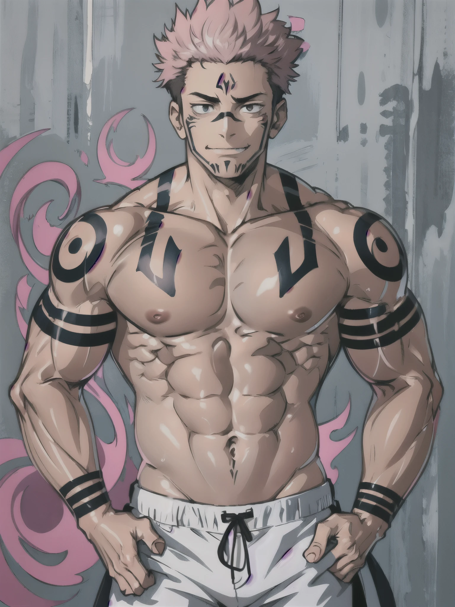masterpiece, best quality, anatomically correct, cowboy shot, solo, male focus, 1boy, sukuna, white pants, tattoo_on_his_face, tattoo_ryoumen, hands in a pocket, pink hair, manly, muscular, mature, muscular male, simple background, four arms, short hair, spiked hair,
