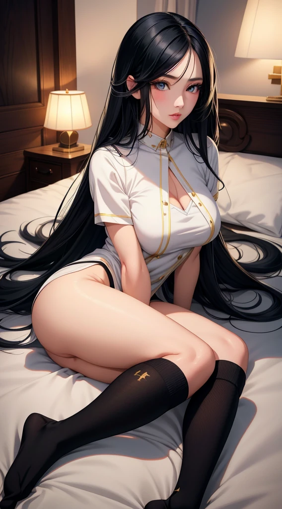 a girl with long black hair, anime art style, medium breasts, pulling down socks, detailed, 1girl, , highres, 8k, detailed face, beautiful eyes, detailed lips, long eyelashes, cute, beautiful, detailed clothing, dynamic pose, soft lighting, warm color palette, cinematic, masterpiece