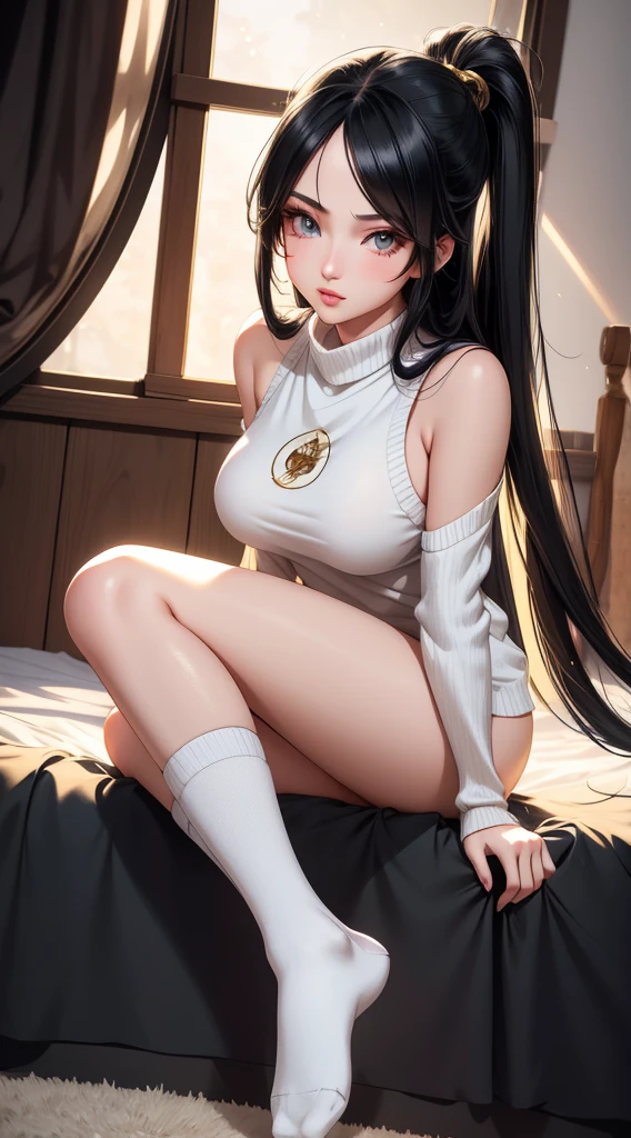 a girl with long black hair, anime art style, medium breasts, pulling down socks, detailed, 1girl, , highres, 8k, detailed face, beautiful eyes, detailed lips, long eyelashes, cute, beautiful, detailed clothing, dynamic pose, soft lighting, warm color palette, cinematic, masterpiece