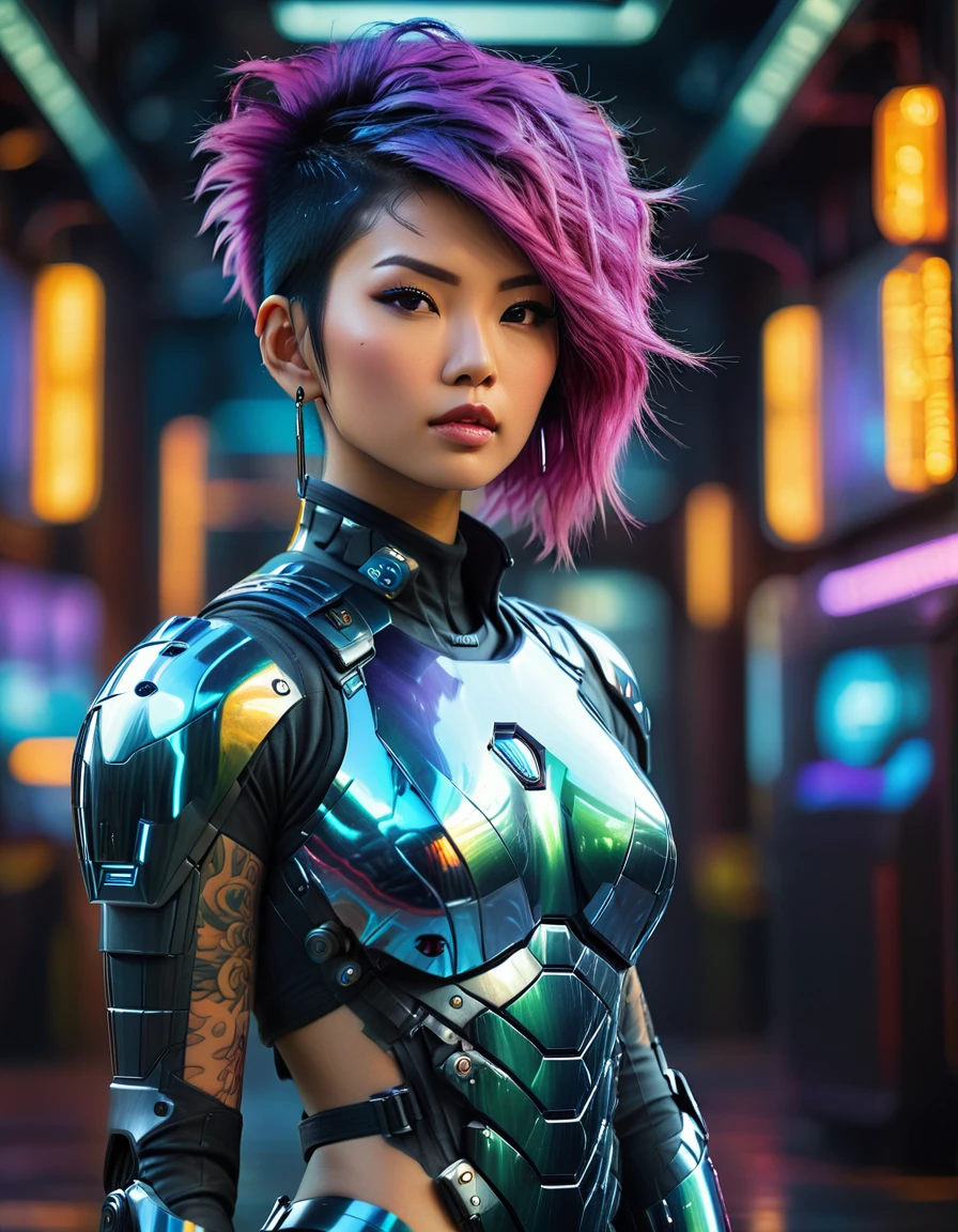 beautiful busty Asian woman, punk hair style, full body view, long legs, tattoo 1girl, futuristic, sci-fi, art deco armor, intricate detailed face, hyper realistic, photorealistic, 8k, (best quality,4k,8k,highres,masterpiece:1.2),ultra-detailed,(realistic,photorealistic,photo-realistic:1.37),HDR,UHD,studio lighting,ultra-fine painting,sharp focus,physically-based rendering,extreme detail description,professional,vivid colors,bokeh,cinematic lighting,dramatic lighting,chiaroscuro,dramatic contrast,moody,cyberpunk,highly detailed