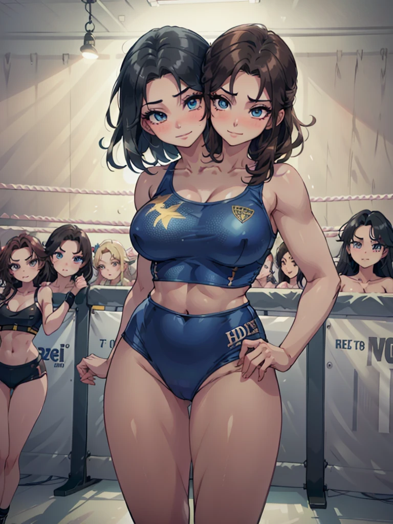 masterpiece),(ultra-detailed), (high quality), (high resolution), (best quality:1.5, highres, UHD), highres, absurdo, ultra detail, ultra quality, Ultra resolution, 16k, ((2heads:1.5)), 1girl, ((anime girl with two heads)), ((dark brown hair)) ((black hair)), ((female wrestler)), ((blue crop top)), exposed midriff, ((blue hot pants)), wrestling ring, wrestling, ((blue outfit)), sexy wrestler, (blue eyes), villainess, smirk