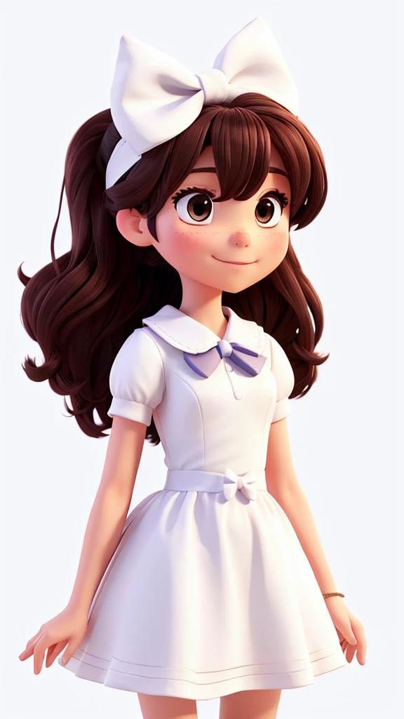 with a bow in her hair on a white 2D background
