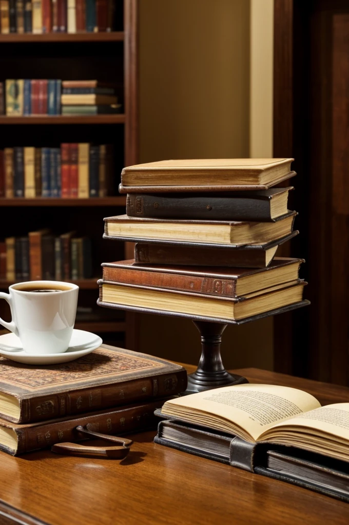 There are several old books stacked on a table.	 There was also an open book on the table.	There was also a cup of hot coffee on the table.
Describe this situation from a close distance, emphasizing the shapes	,	interlacing and space