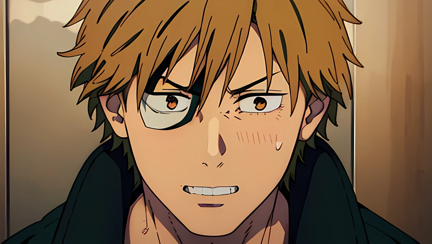 denji, waiting for the elevator, green trench coat, front view, eye patch, close up, masterpiece, best quality