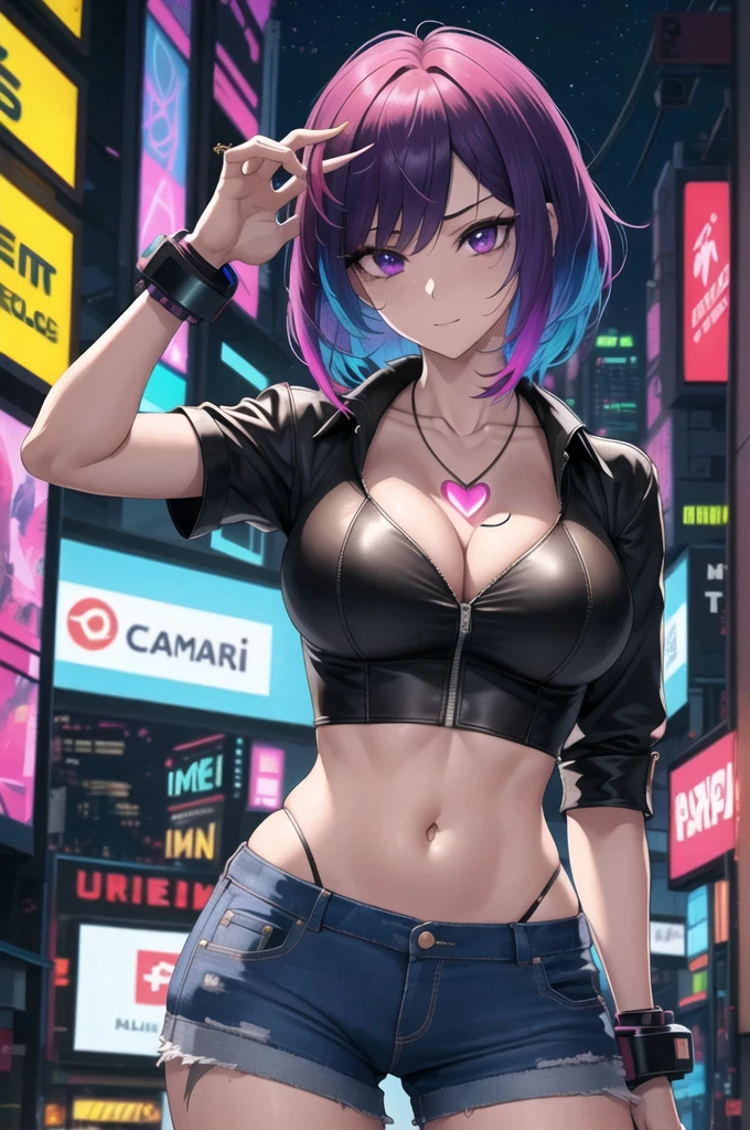 4k best quality, Cyberpunk vaporwave night scene , beautiful woman doing dynamic model poses, cabelo longo, cabelo castanho, medium breasts, olhos roxos, pele reluzente,camisa branca, hot pants,neon red heart necklace, olhando para o espectador, noite, colorful hydrangea,textura suave,vista frontal