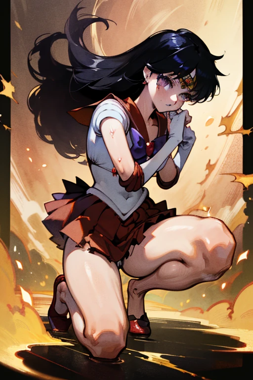 (Very detailed), (masterpiece), (Highest quality), (Super detailed),, Mid-chest, Detailed hands, Sailor Mars,I'm injured、On one knee、Crippling、(((Her costume is torn and her skin is showing)))、Bleeding、enduring pain、(((Hands tied)))、Under heavy enemy attack、The surrounding area is a burnt wasteland