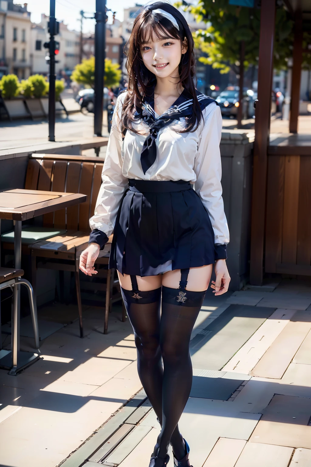 sailor uniform, One Woman, (Beautiful woman, delicate :1.3), Black Hair, bob cut, bangs, (8k), (highest quality: 1.2), (Realistic), (Realistic: 1.37), (masterpiece), (Ultra-high resolution), (RAW Photos), (Absolute Resolution), (face is small compared to body: 1.4), (Small face:1.4), balanced face, (Small Mouth: 1.4), (Slim female body: 1.4), (((long sleeve sailor uniform))), Realistic high school girl, (White headband:1.4), Small breasts, Slanted Eyes, Bright Blue Eyes, (Cafe on the open terrace), smile, Blurred, ((Full Body Shot)), (Black Stockings:1.4), Black garter belt, Three white lines on the collar of a sailor uniform,
