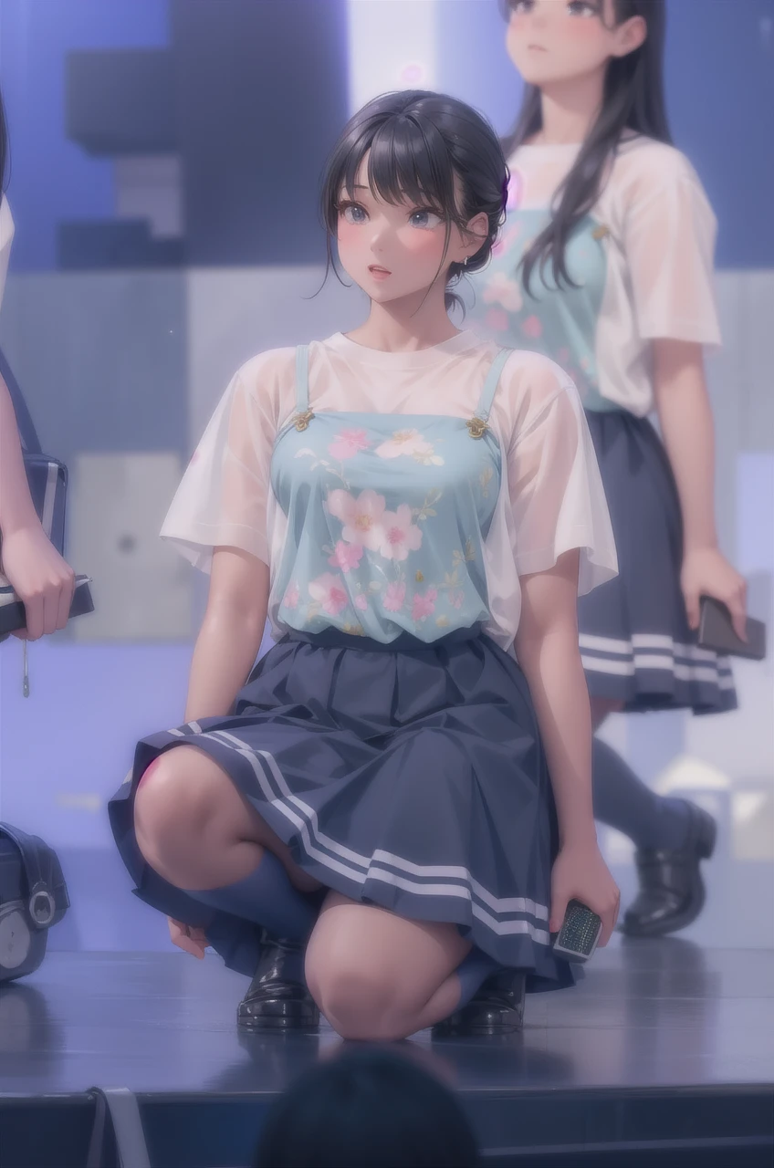 High resolution, Highest quality, super high quality, Very detailed, Cinema Lighting、living room、Embarrassing、Sweaty、Sweat、Eyes from below、Girl seen from the floor、Low Angle、 See through、Standing