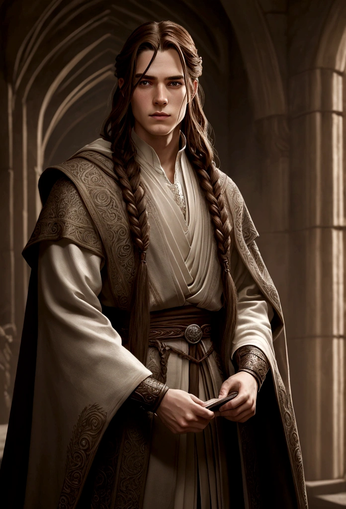 elden ring, portrait art, young man in robe, scholar, brown hair with waist-length braid, no beard, medieval era fantasy