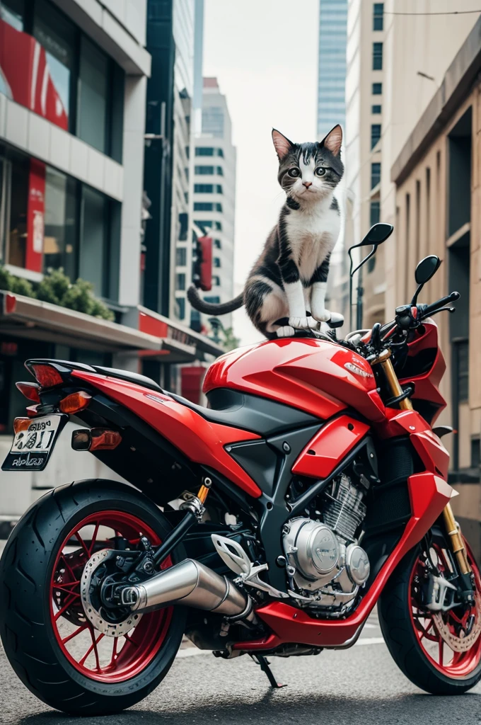 Raise a kitten riding a red motorbike in the city