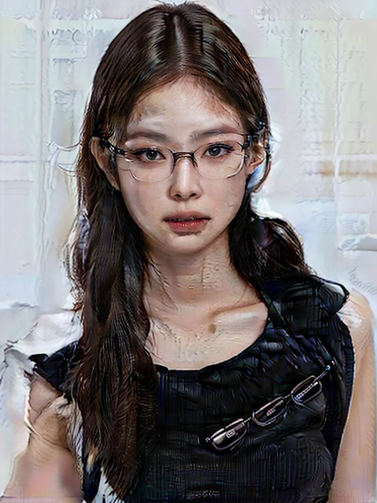 arafed woman wearing glasses and a black shirt with a white logo, with glasses, with glasses on, glasses, gorgeous female jade tailor, thick glasses, girl with glasses, 18 years old, portrait sophie mudd, 2 2 years old, spectacled, 2 3 years old, eyeglasses, wearing glasses, big glasses, bella poarch jennie kim