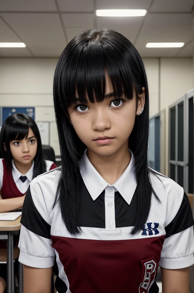 Screenshot of my hero academia.
Short black straight hair girl, with bangs.
Black and slanted eyes, very white skin color, with a serious expression on his face, eyebrow piercing, lip piercing. She is wearing the UA uniform and in the background she has a UA school class and she is sitting at a table looking at the camera.