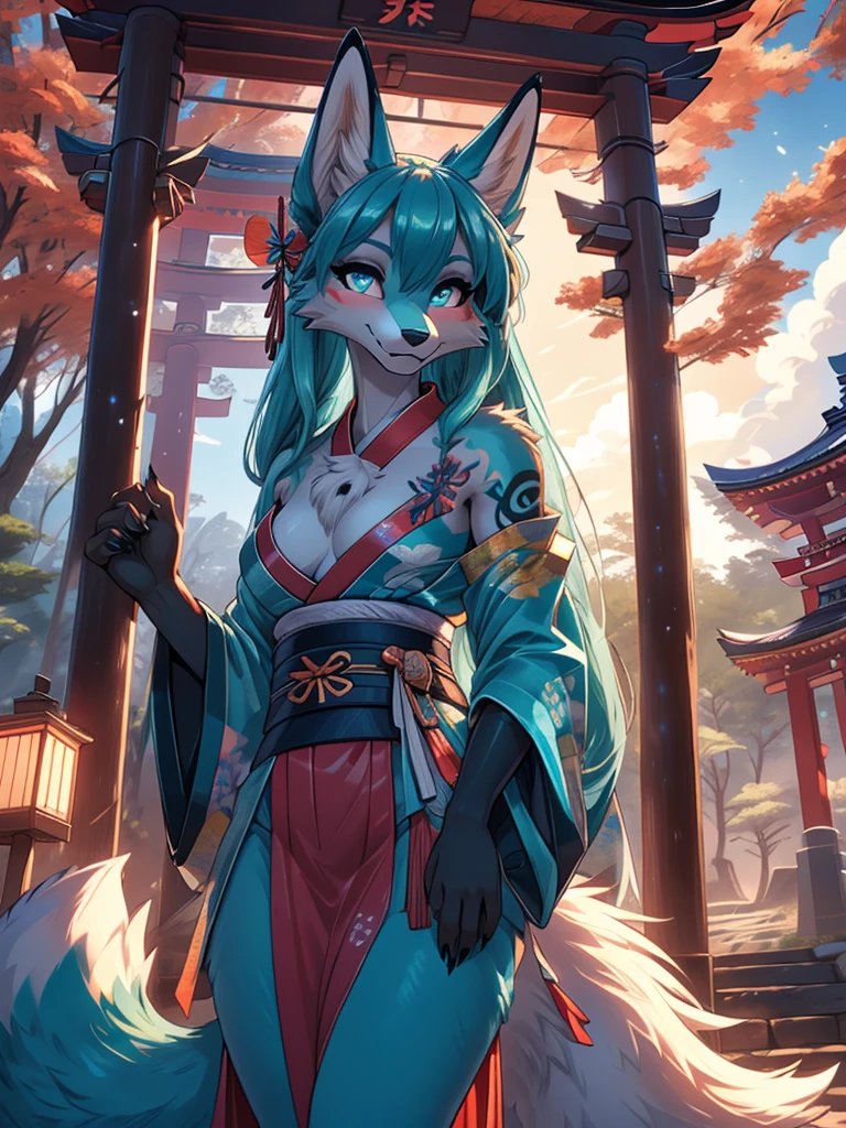 Miku Hatsune x vixen high definition good anatomy add_detail:1, blue fur,kitsune ears, tribal tattoo add_detail:1, cute girl add_detail:1, blue sensual kimono add_detail:1, japanese shrine landscape add_detail:1, japanese shrine costume add_detail:1, add_detail:1, fullbody descalza add_detail, highly detailed face, deep aqua iris add_detail:1 lighting eyes add_detail:3, wolf claws, sharp fangs add_detail:1, wild slut add_detail:1, aura of resplendent light add_detail:3, sakuras landscape add_detail:1