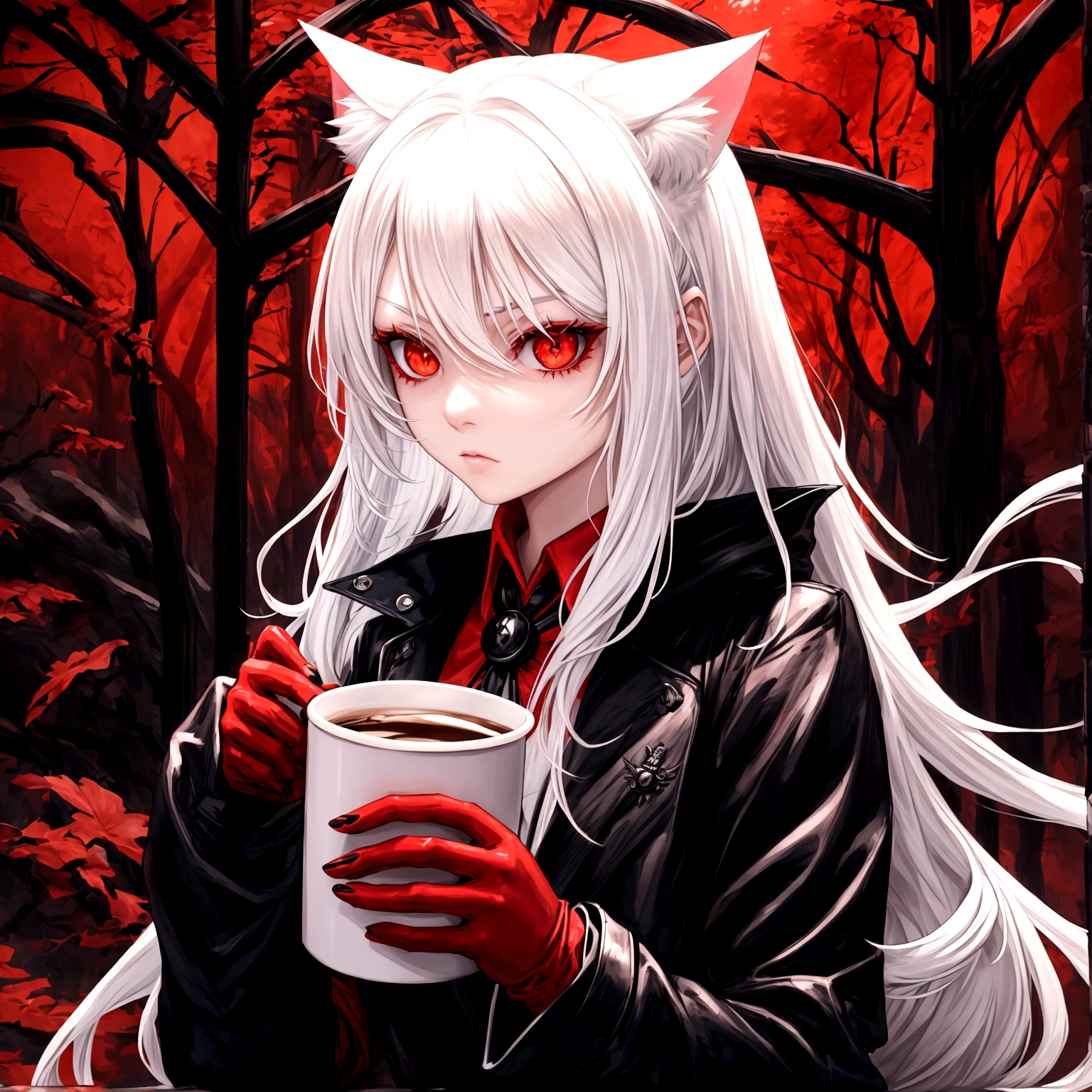 1 girl, beautiful, cool, intimidation, long hair, white hair, cat ear, red eye, black jacket, red butoned shirt, black gloves, holding a cup coffee, nature place