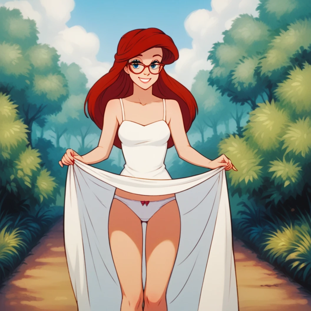 score_9, score_8_up, score_7_up, score_6_up, score_5_up, score_4_up, (Source furry), (rating safe), outside, standing, glasses, Ariel, human, detailed, detailed fur, front view, white panties, white sleeveless dress, long dress, 1girl, solo, lifting up dress, pantyflash, smile flirty, showing bare legs