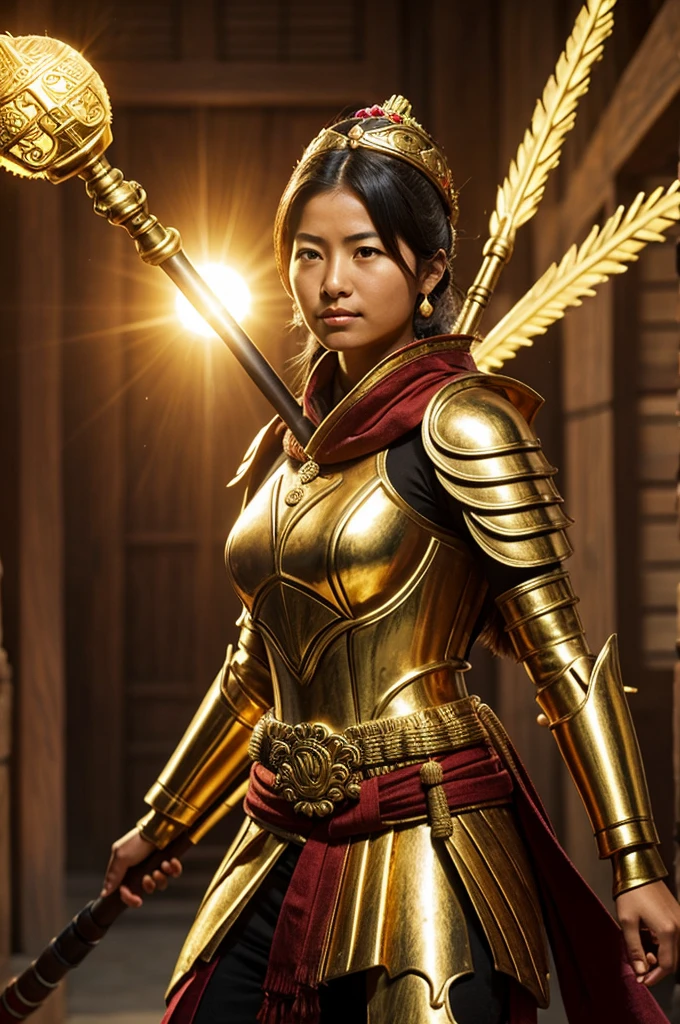 Female genshin impac character with peruvian inca features, a golden spear and an orb like the sun on his chest