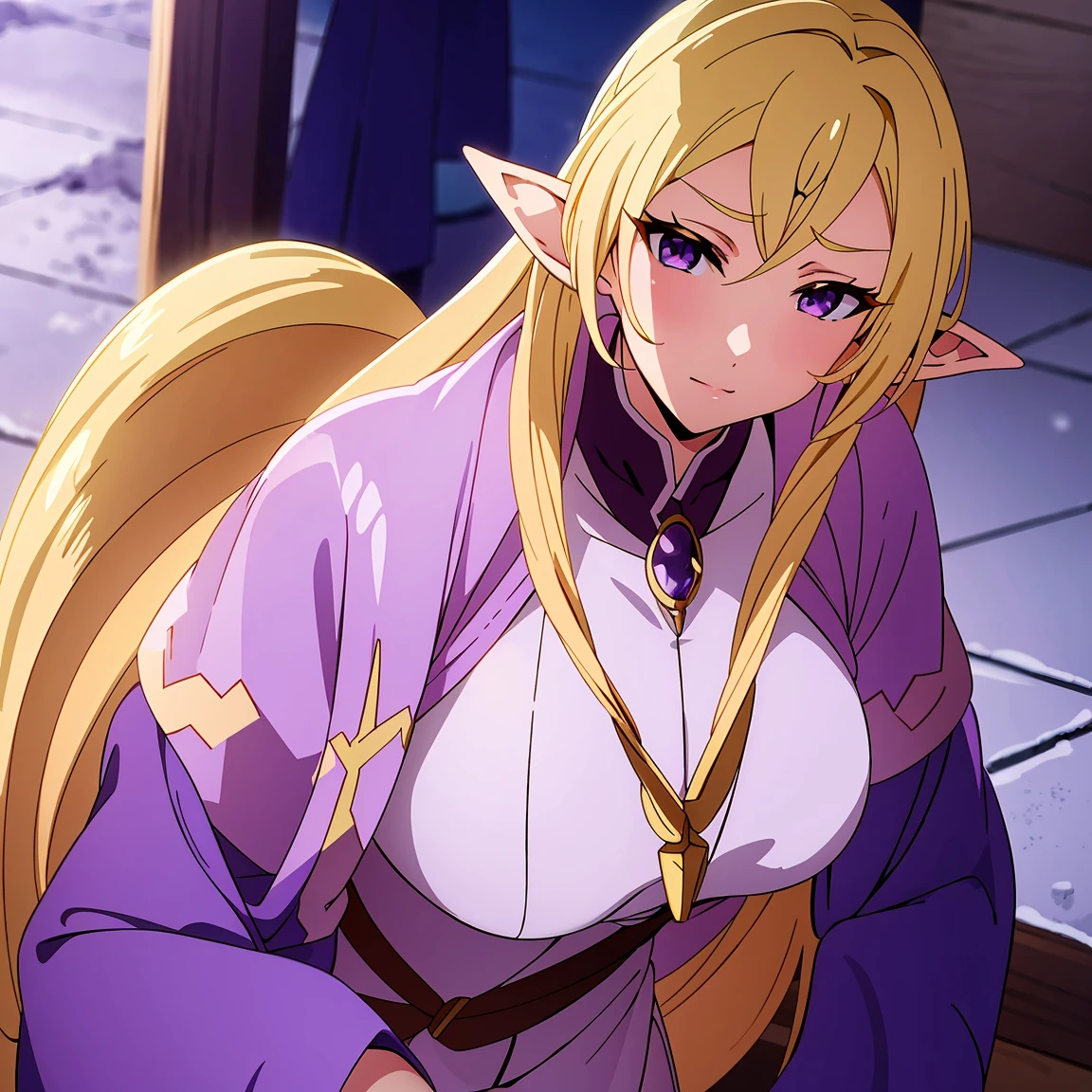 Anime woman, Elf, pointy ears, long blonde hair, purple eyes, sassy expression, gold crown with blue pendant, winter outfit, blue coat, snow, ice