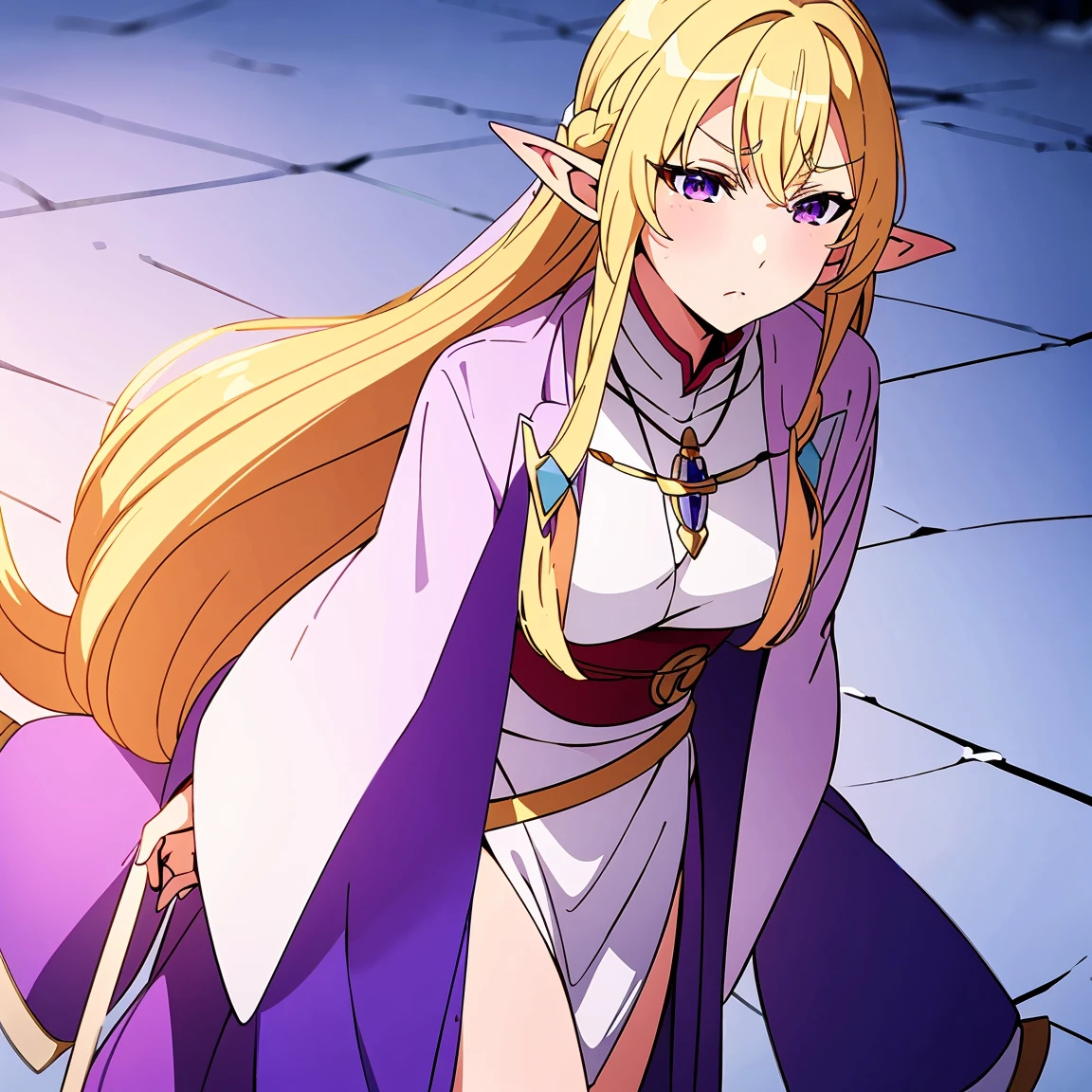 Anime woman, Elf, pointy ears, long blonde hair, purple eyes, sassy expression, gold crown with blue pendant, winter outfit, blue coat, snow, ice