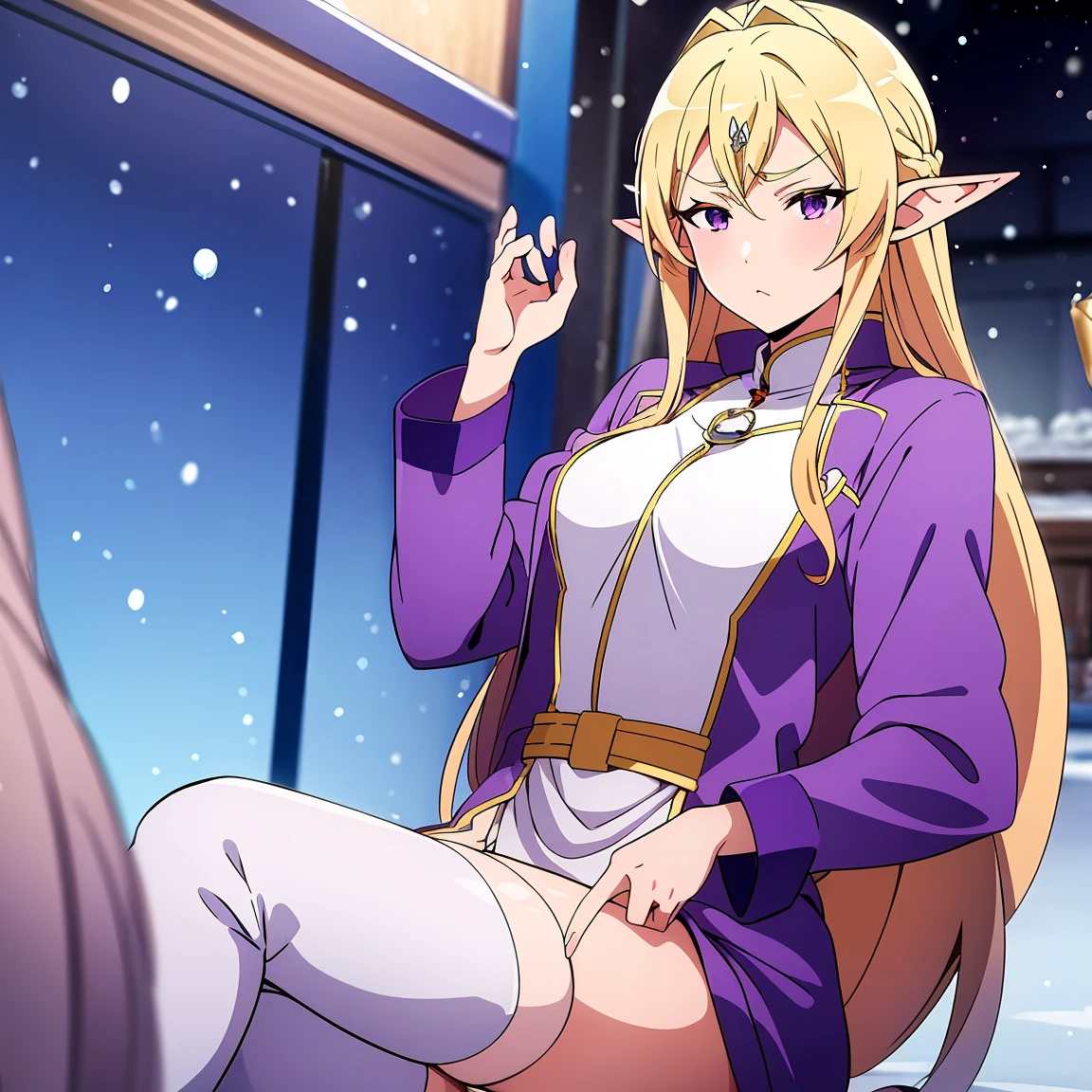 Anime woman, Elf, pointy ears, long blonde hair, purple eyes, sassy expression, gold crown with blue pendant, winter outfit, blue coat, snow, ice