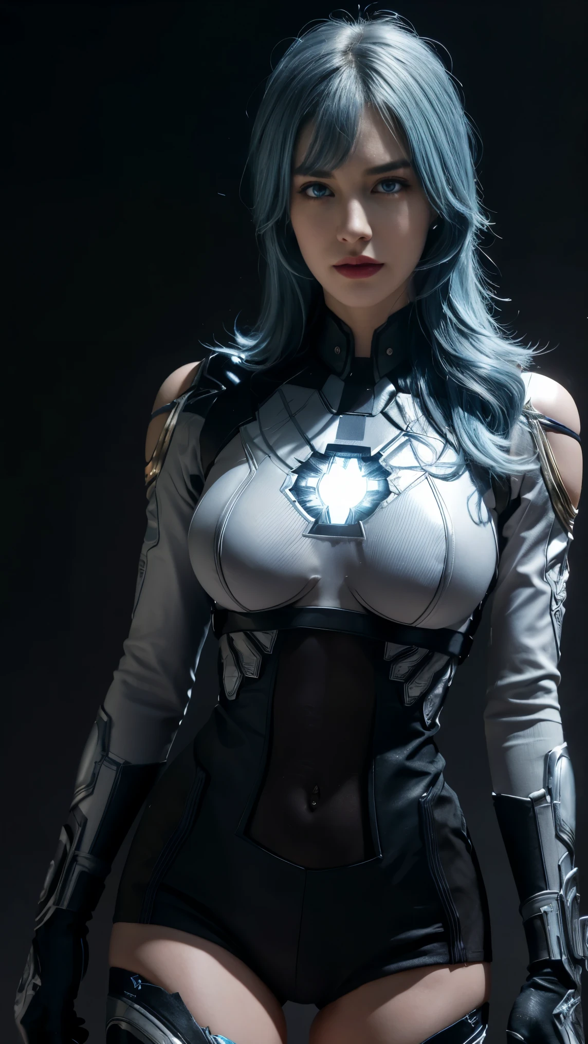 8K, Top Quality, Intricate Details, Ultra Detail, Ultra High Resolution, Masterpiece, close up shot, (full body: 1.1), Slender, Smile, (Makeup: 0.4), (Fluffy Blue Eyes: 1.21), (()), 1girl, solo, 1 girl, ((blue hair, bangs)), close up shot, , ((tall)), (((fit body))), (((slim face))), sharp face, (()) (detailed face), sharp face, small lips, , , dynamic pose,,white hair
((, ironman suit, )), , ((,)), detailed face, detailed breast, , ((large breast, huge breast)), detail ass, Narrow Waist, Skinny, tall , 190 cm tall, very tall, Muscular, Navel, Exposed Abdomen, Pointed Chest,, Beautiful girl with accentuated slender abs: 1.4, Six Pack Abs: 1.4, Bust Botox, Big, Perfect Body, detail leg, (( dark background)), black background,great tits,captain marvel