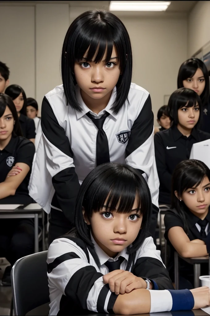 Screenshot of my hero academia.
Short black straight hair girl, with bangs.
Black and slanted eyes, very white skin color, with a serious expression on his face, eyebrow piercing, lip piercing. She is wearing the UA uniform and in the background she has a UA school class and she is sitting at a table looking at the camera.