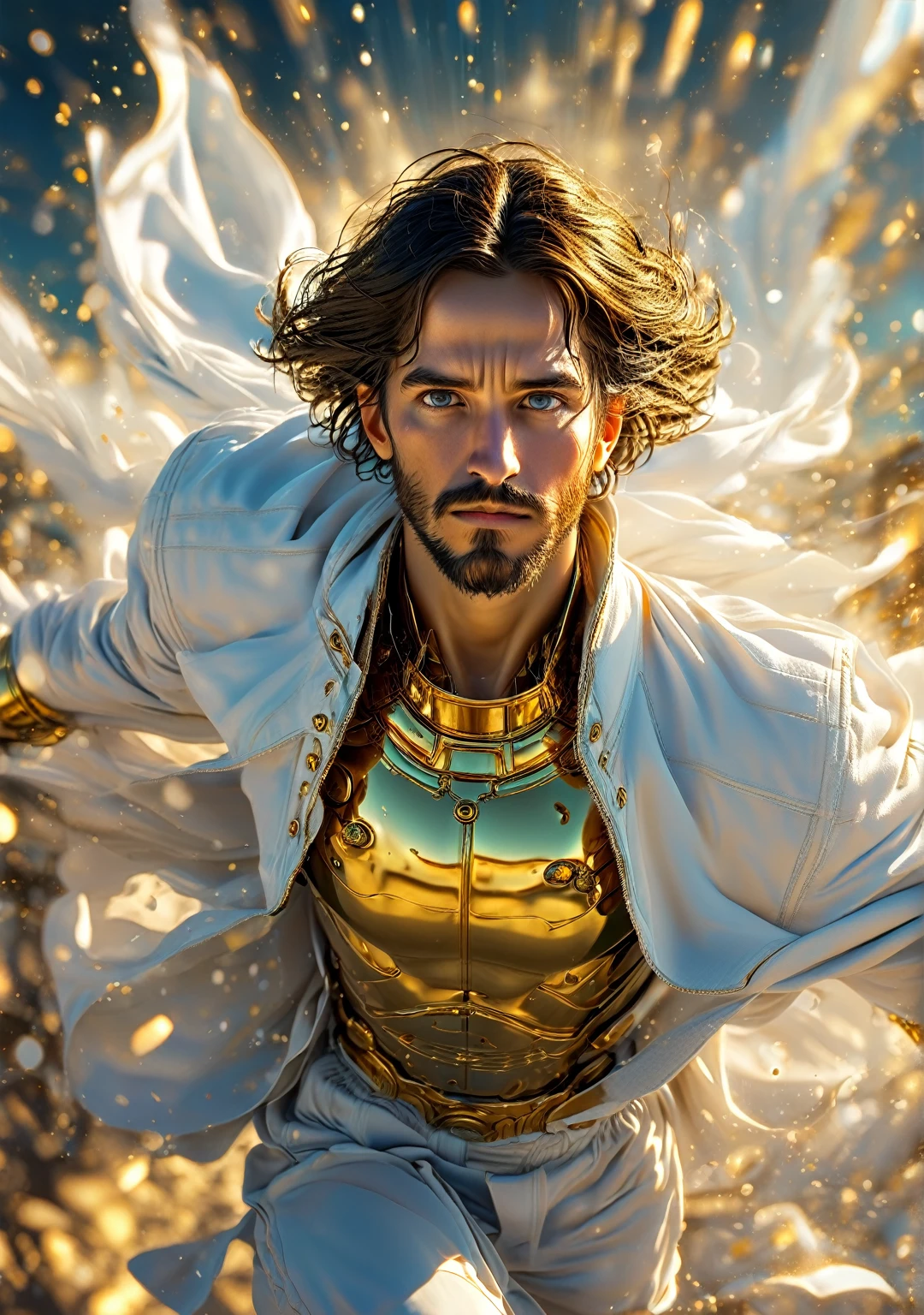Photography of Jesus Christ, stare straight ahead ((best qualityer, 8K, Masterpiece artwork: 1.2)), Ultra-realistic graphics, color photography, sharp focus, sky background and colors, gold plated, fully body, pious look, Highly detailed facial and skin texture, detailedeyes, direct eye contact, Super-resolution, Megapixels, ProFoto RGB, ultra HD, angelic background, coberto de ouro