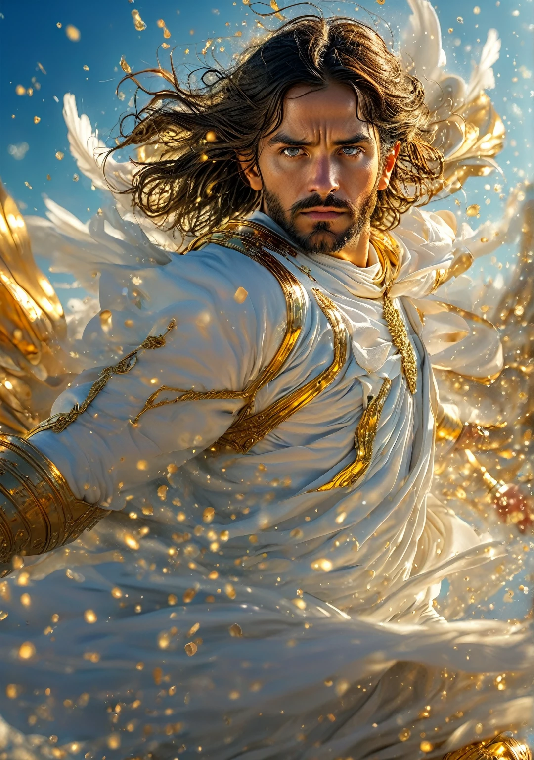 Photography of Jesus Christ, stare straight ahead ((best qualityer, 8K, Masterpiece artwork: 1.2)), Ultra-realistic graphics, color photography, sharp focus, sky background and colors, gold plated, fully body, pious look, Highly detailed facial and skin texture, detailedeyes, direct eye contact, Super-resolution, Megapixels, ProFoto RGB, ultra HD, angelic background, coberto de ouro