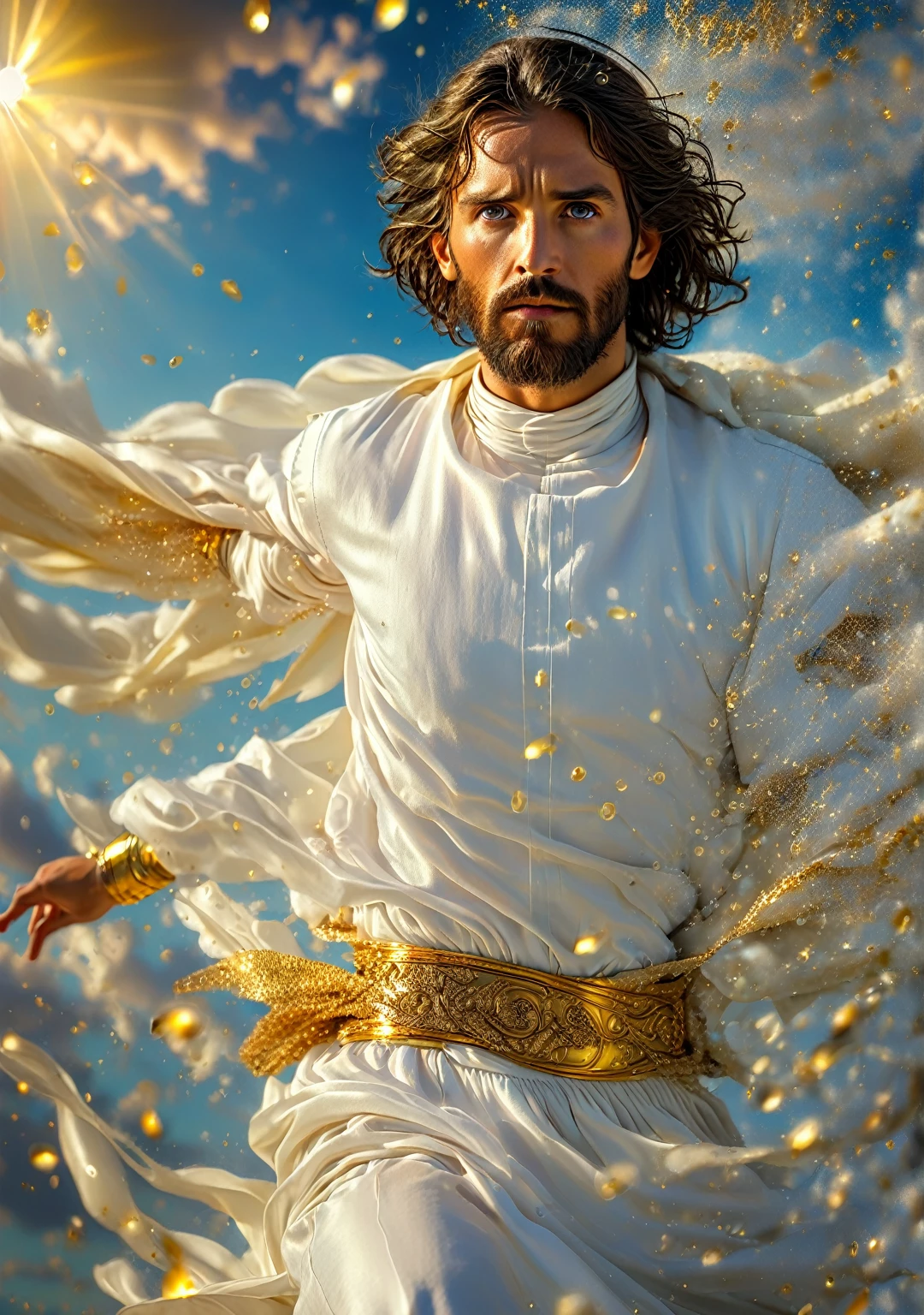 Photography of Jesus Christ, stare straight ahead ((best qualityer, 8K, Masterpiece artwork: 1.2)), Ultra-realistic graphics, color photography, sharp focus, sky background and colors, gold plated, fully body, pious look, Highly detailed facial and skin texture, detailedeyes, direct eye contact, Super-resolution, Megapixels, ProFoto RGB, ultra HD, angelic background, coberto de ouro