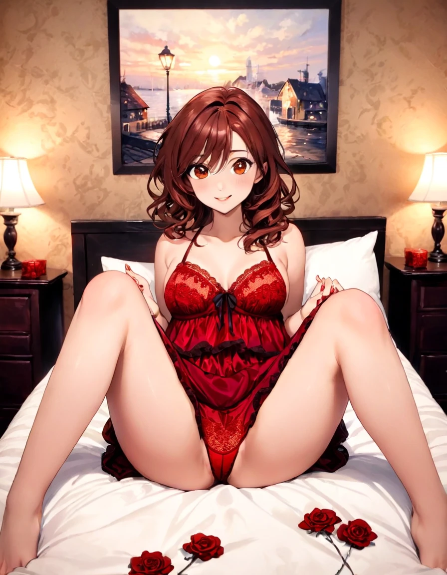 a realistic image of a beautiful woman, Jennifer Anniston, with long, wavy brown hair, wearing red lace lingerie. She is seated on a bed. The background features a romantic setting surrounded with red and white roses, a lamp casting a warm glow, and a framed painting on the wall. The woman has a gentle smile, exuding a warm and inviting presence, with the overall ambiance being cozy and intimate. hyper realistic photo, vibrant colors, 16k