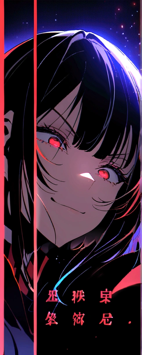 Himiko Toga,anime style,looking at the audience,High level details,reflective transparent iridescent,,waist up portrait,highest quality,Super detailed,sad,Smart,beautiful face,beautiful black light background,rendered text style,laughing like crazy,crazy,murderer,black hair, red eyes, military uniform